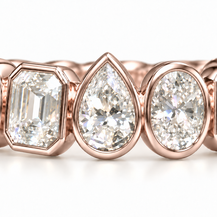 The Mosaic in 14K rose gold, close-up of the emerald, pear and oval bezels