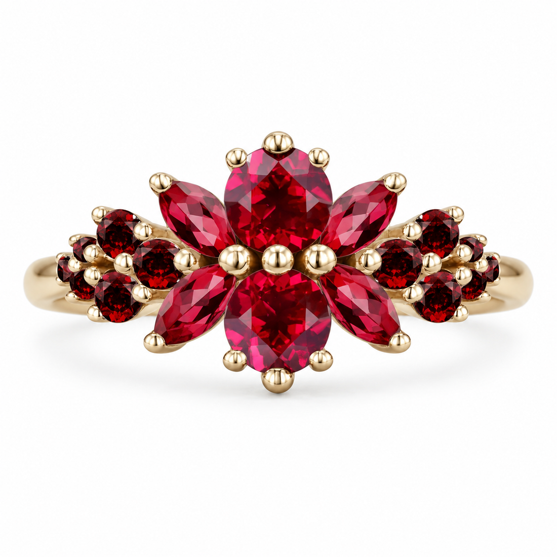Roseraie lab ruby floral ring, front view on white