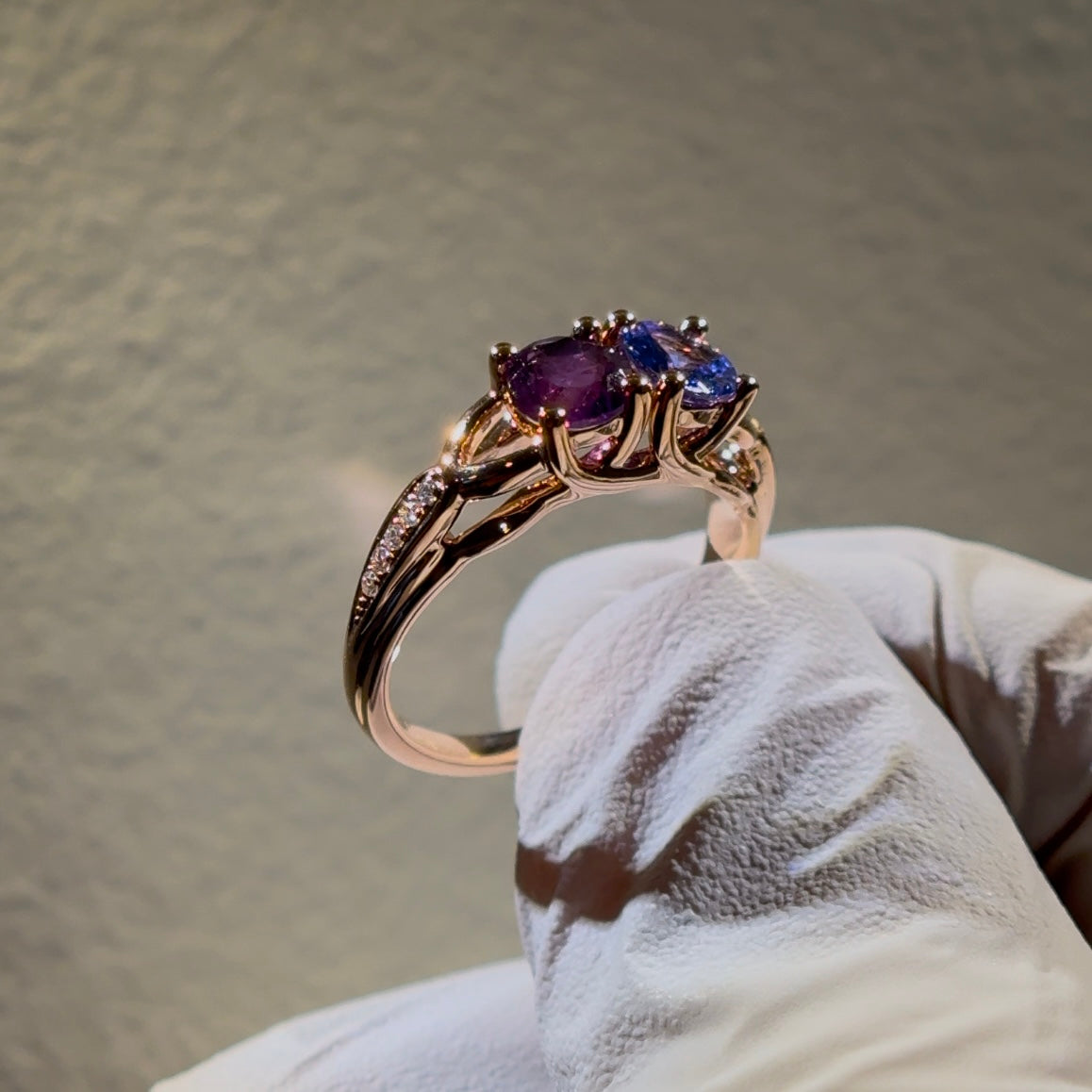 Customized™ Natural Tanzanite and Amethyst Two-Stone Ring in 18K Rose Gold