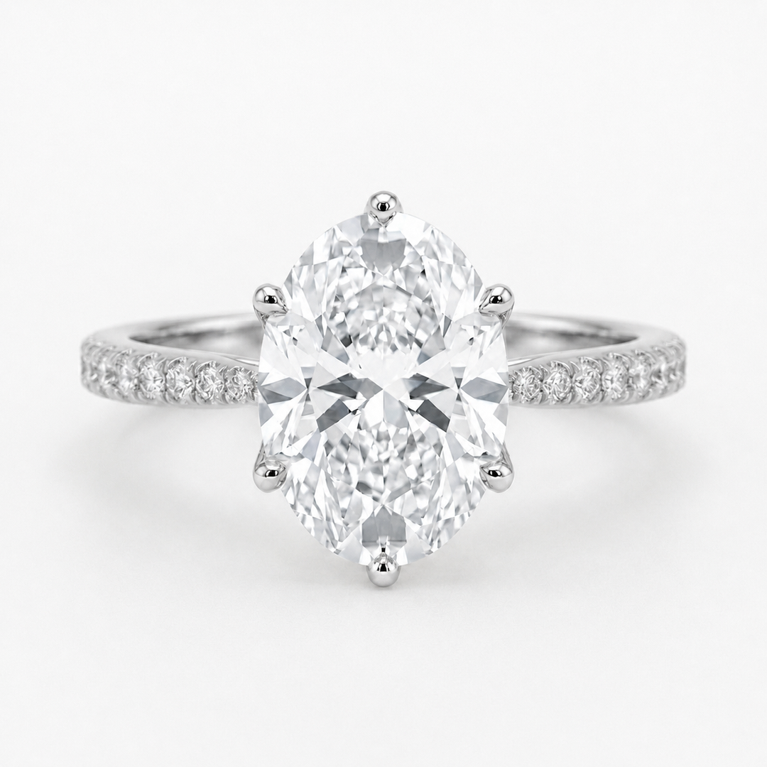 Oval Diamond Ring with Diamond Band, "Lotus Lace Bold"