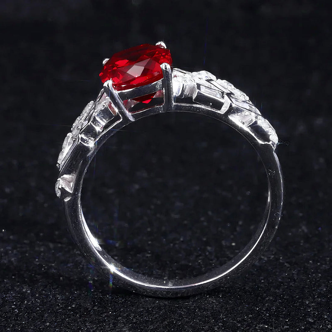 Cushion lab ruby ring with baguette and round diamond band, view 4