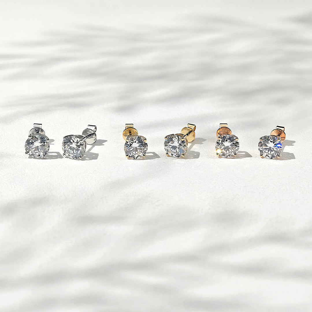 6.5mm, 2.00ct total Classic Four-Prong Diamond Earrings in 14K Solid White/Yellow/Rose Gold