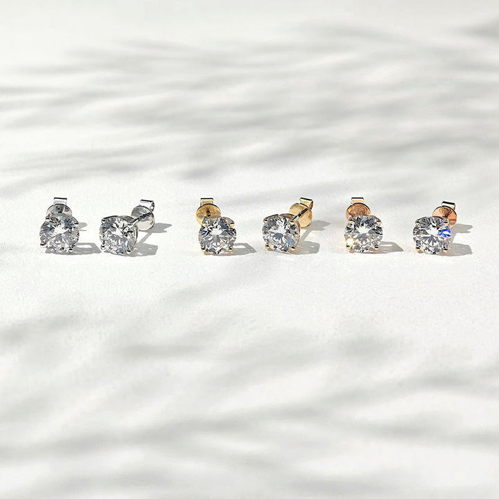 6.5mm, 2.00ct total Classic Four-Prong Diamond Earrings in 14K Solid White/Yellow/Rose Gold