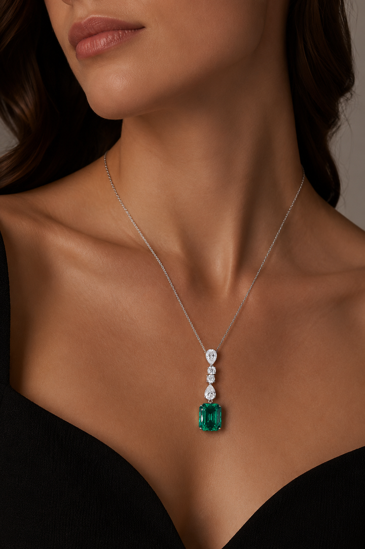 10x12mm, 4.50ct Lab-Grown Zambian Emerald Dangle Pendant with Pear/Round Diamonds Rolo Necklace in 14K White Gold