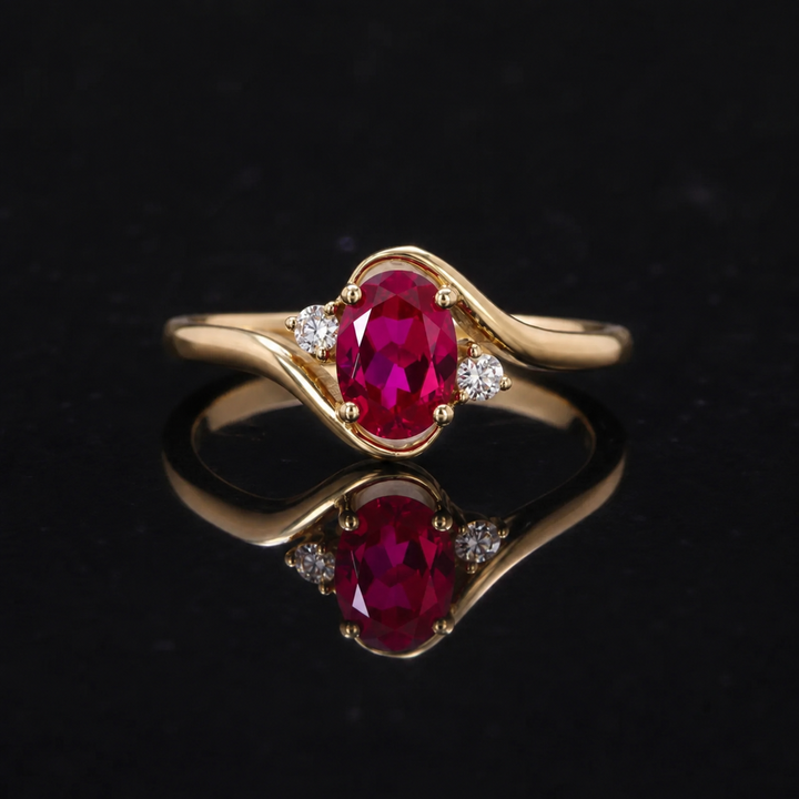 5*7mm Oval Cut Red Ruby with Diamond Twisted Band Ring in 10K Solid Yellow Gold