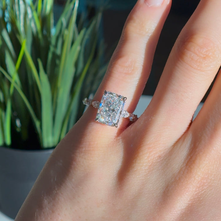 Customized™ 4.00ct Radiant Lab-Grown Diamond Ring with Hidden Halo and Diamond Band in Yellow Gold and Platinum