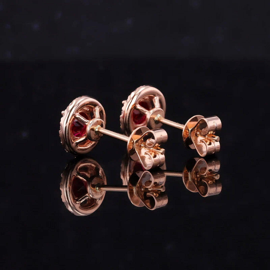 4.5mm, 0.50ct Each Round Lab-Grown Red Ruby with Diamond Halo Earrings in 14K Rose Gold