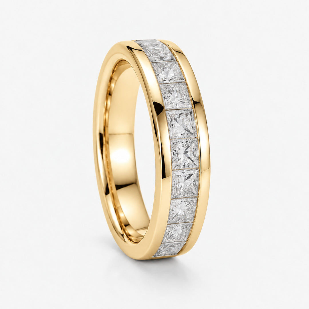 Princess-Cut Channel-Set Half Eternity Band (6.5mm) in 14K yellow gold, angle view
