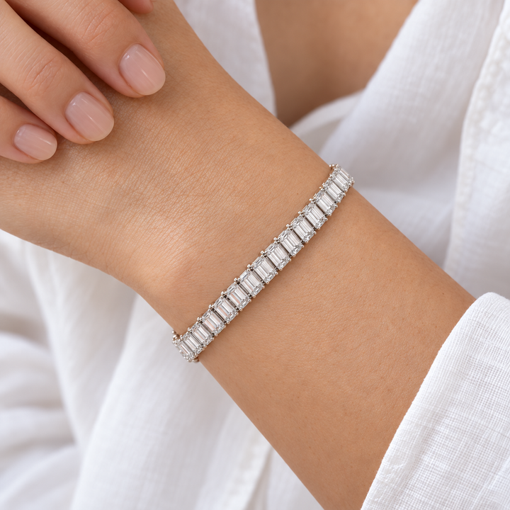 Emerald-Cut Lab Diamond Tennis Bracelet worn on the wrist, shown true to size