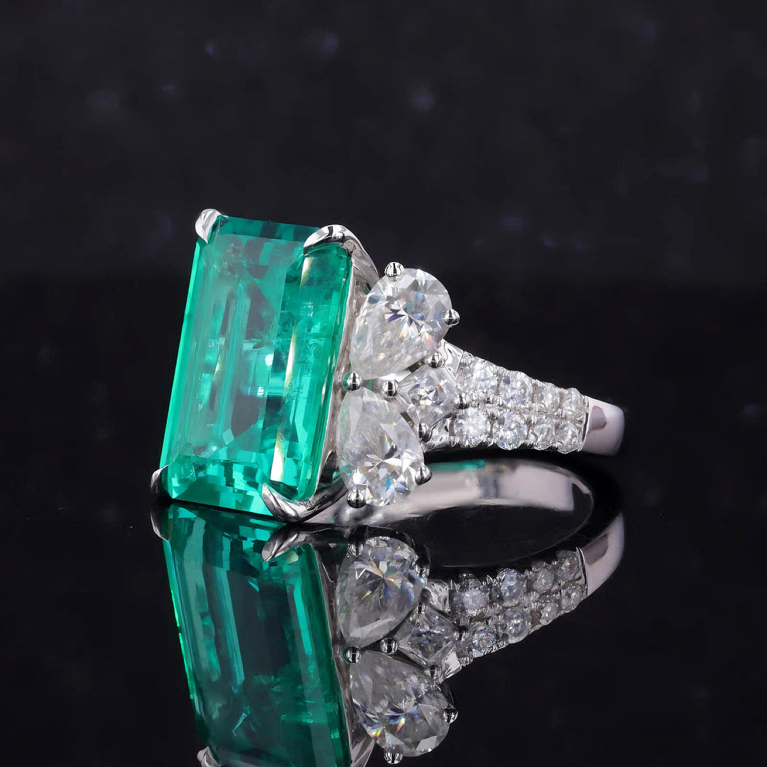 10x14mm, 7.30ct Lab-Grown Colombian Emerald with Pear/Round Cut Accent Diamond Ring in 14K White Gold