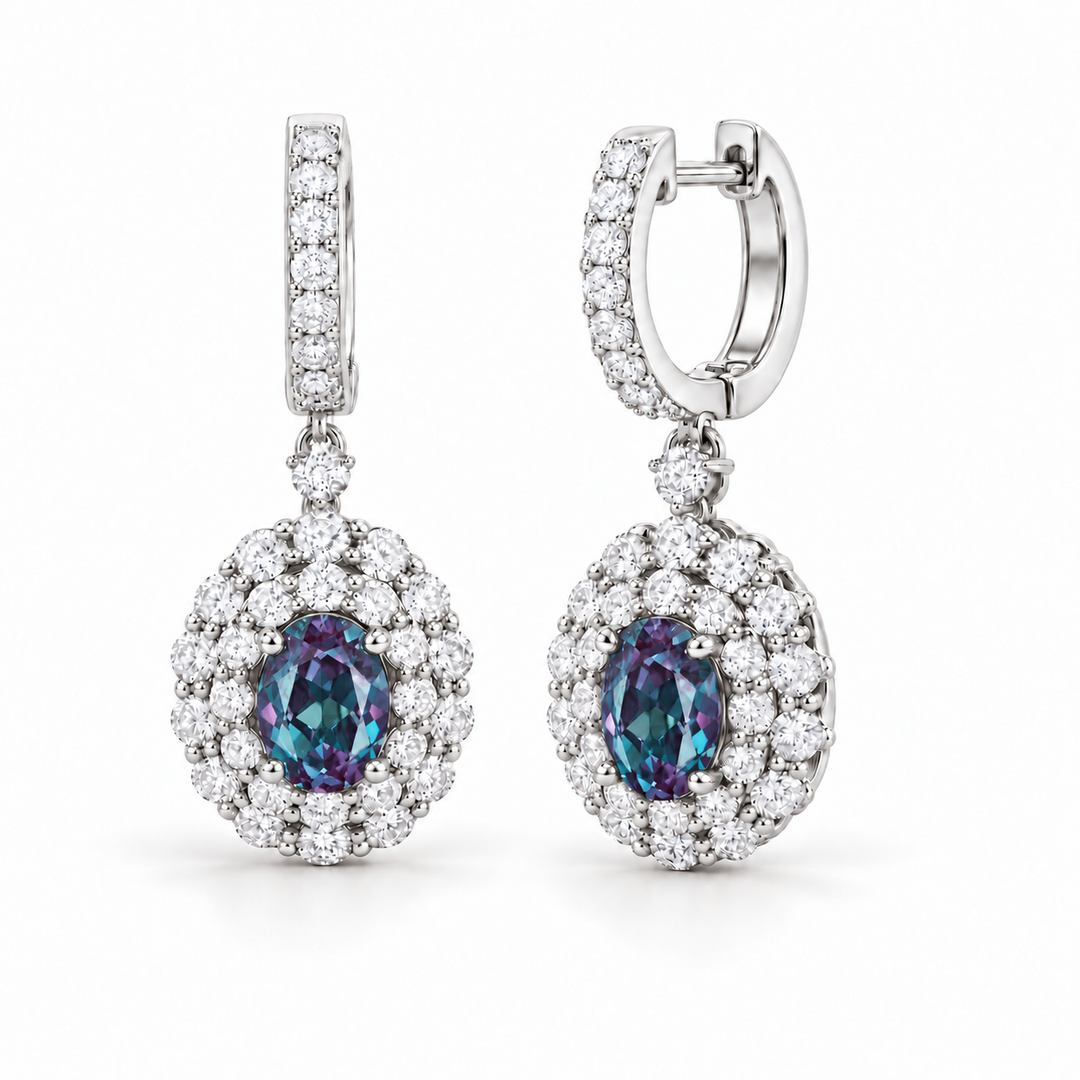 Oval Lab Alexandrite Diamond Halo Drop Earrings — 5x7mm in white gold