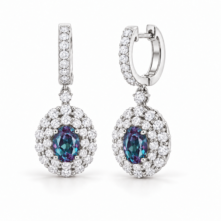 Oval Lab Alexandrite Diamond Halo Drop Earrings — 5x7mm in white gold
