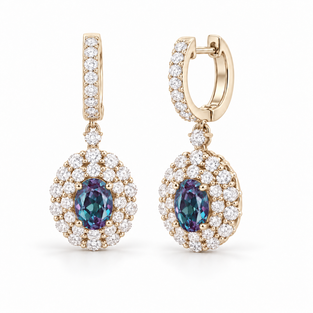 Oval Lab Alexandrite Diamond Halo Drop Earrings — 5x7mm in yellow gold
