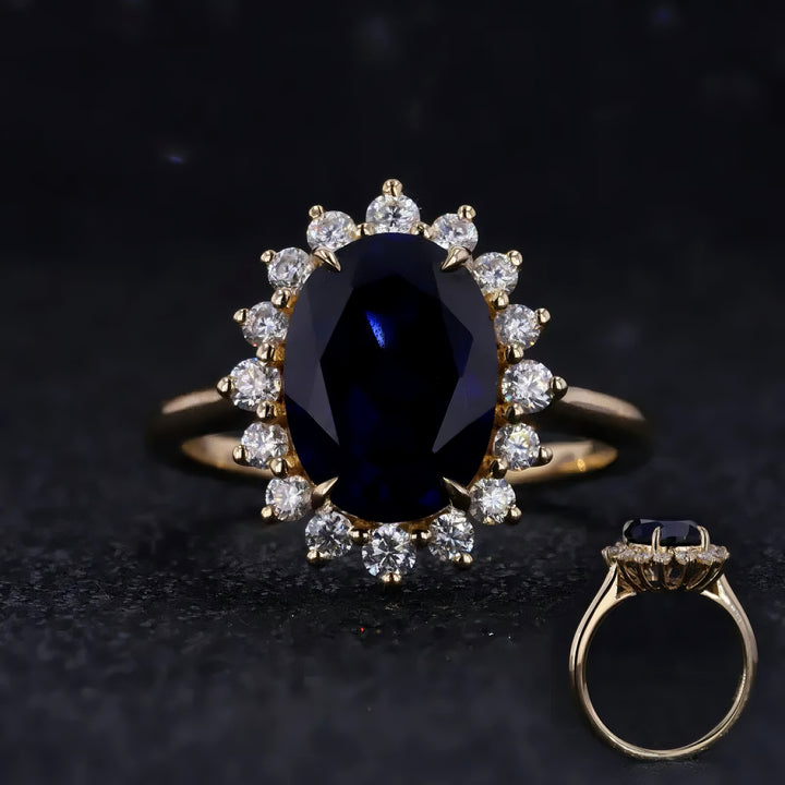 8x11mm, 5.27ct Oval Lab-Grown Blue Sapphire "Diana Setting" Ring with Diamond Halo in 14K Yellow Gold
