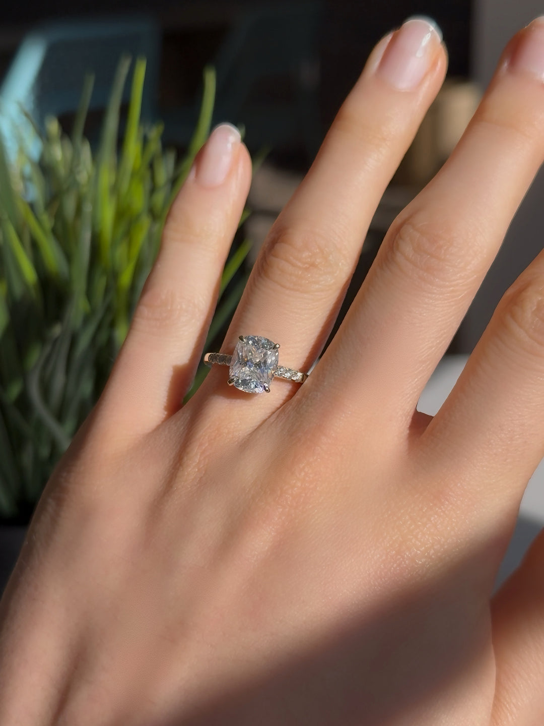3.00ct Cushion-Cut Moissanite with Pavé Band Ring in 14K Yellow Gold