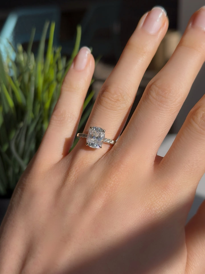 3.00ct Cushion-Cut Moissanite with Pavé Band Ring in 14K Yellow Gold