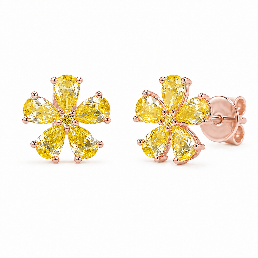 Yellow Lab Diamond Flower Earrings in 14K Rose Gold