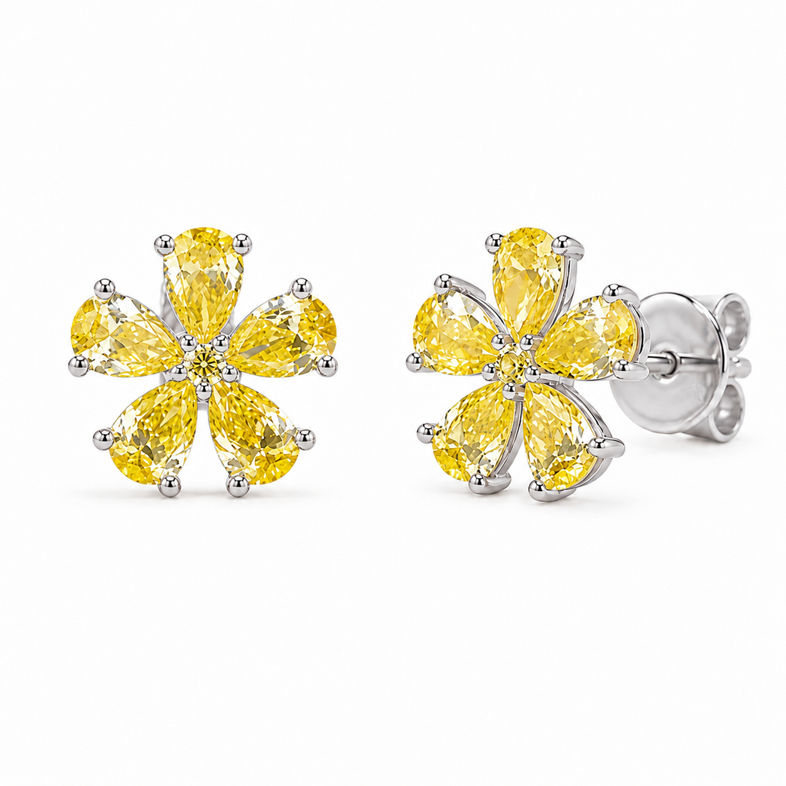 Yellow Lab Diamond Flower Earrings in 14K White Gold