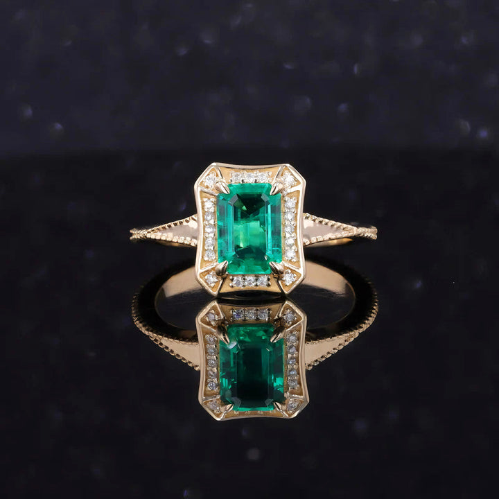 5x7mm, 1.00ct Lab-Grown Colombian Emerald with Diamond Halo Vintage Ring in 14K Yellow Gold