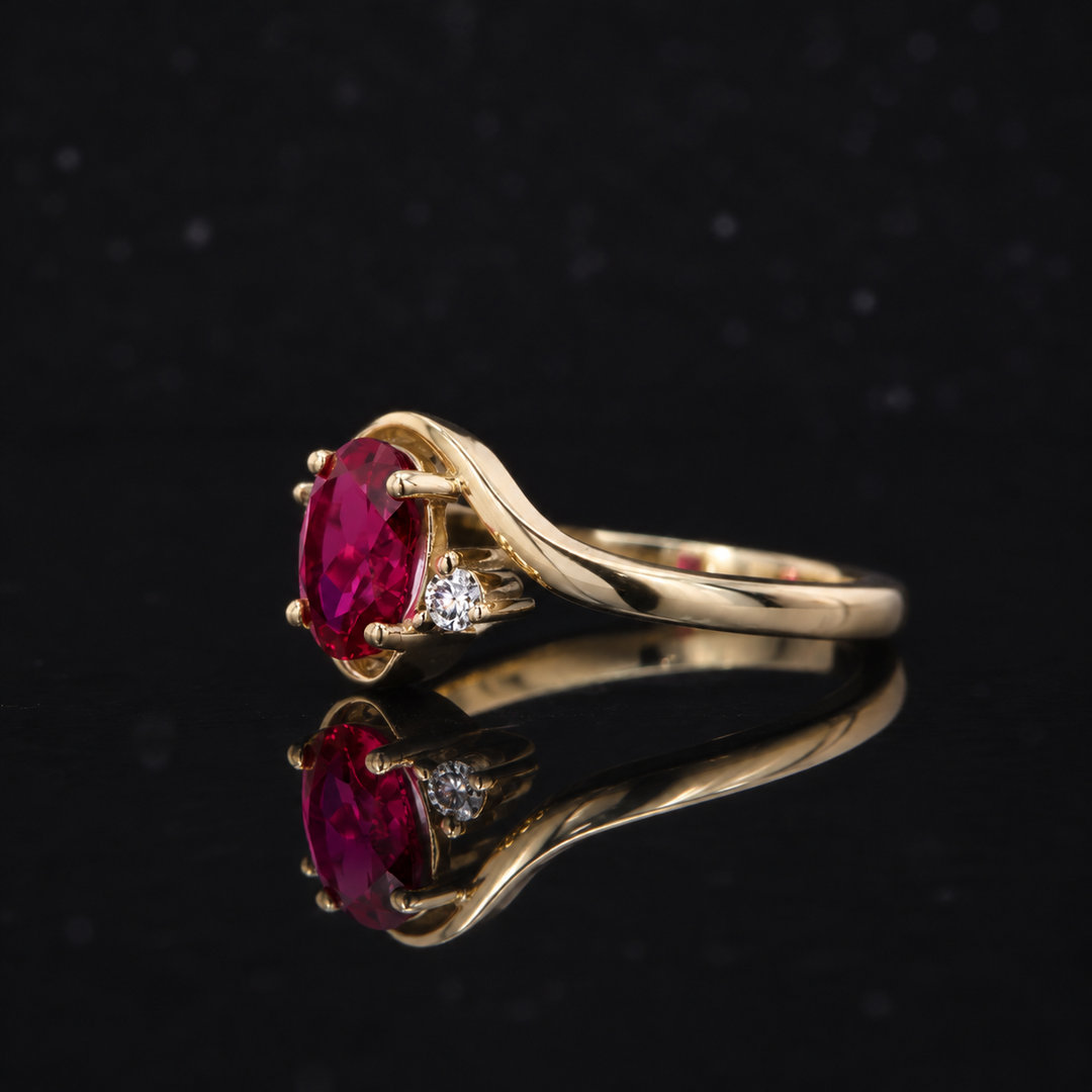 5*7mm Oval Cut Red Ruby with Diamond Twisted Band Ring in 10K Solid Yellow Gold