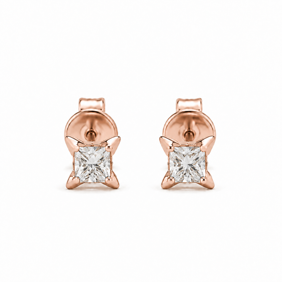 Princess-Cut Lab Diamond Flower Stud Earrings in 14K Rose Gold
