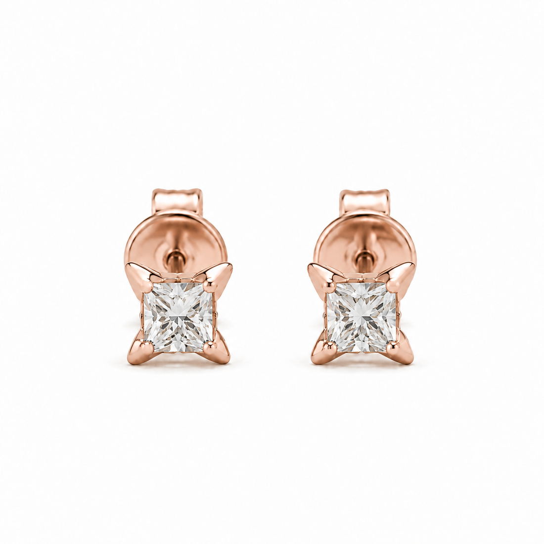 Princess-Cut Lab Diamond Flower Stud Earrings in 14K Rose Gold