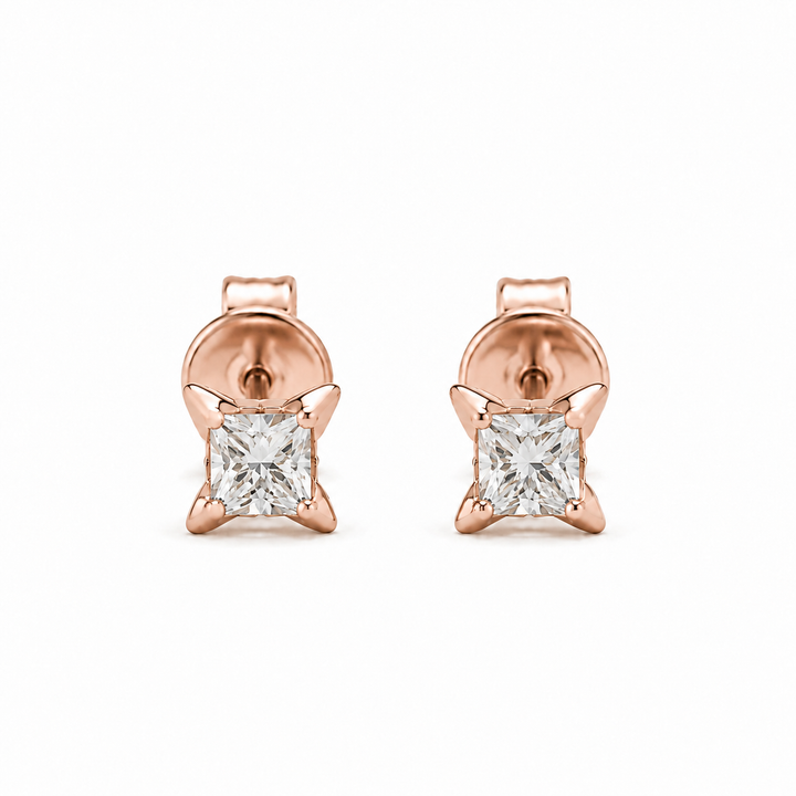 Princess-Cut Lab Diamond Flower Stud Earrings in 14K Rose Gold