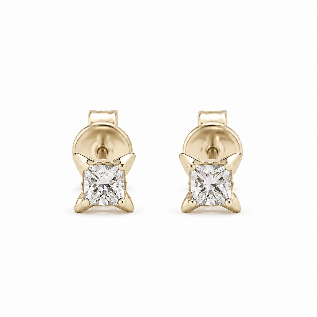 Princess-Cut Lab Diamond Flower Stud Earrings in 14K Yellow Gold