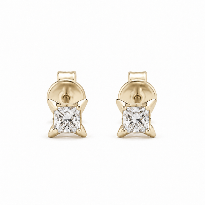 Princess-Cut Lab Diamond Flower Stud Earrings in 14K Yellow Gold