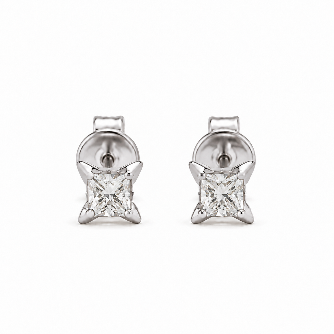 Princess-Cut Lab Diamond Flower Stud Earrings in 14K White Gold