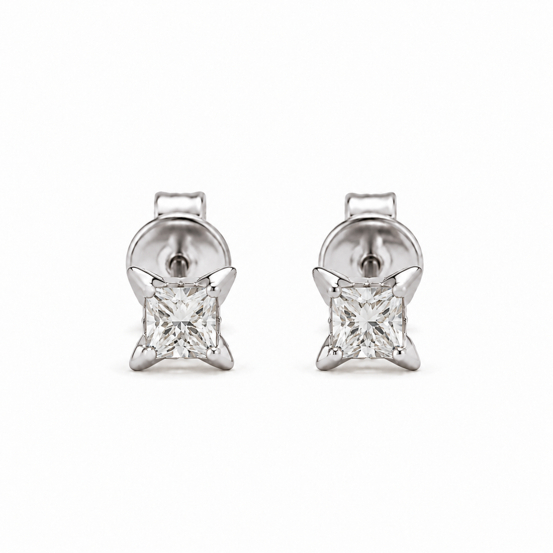 Princess-Cut Lab Diamond Flower Stud Earrings in 14K White Gold