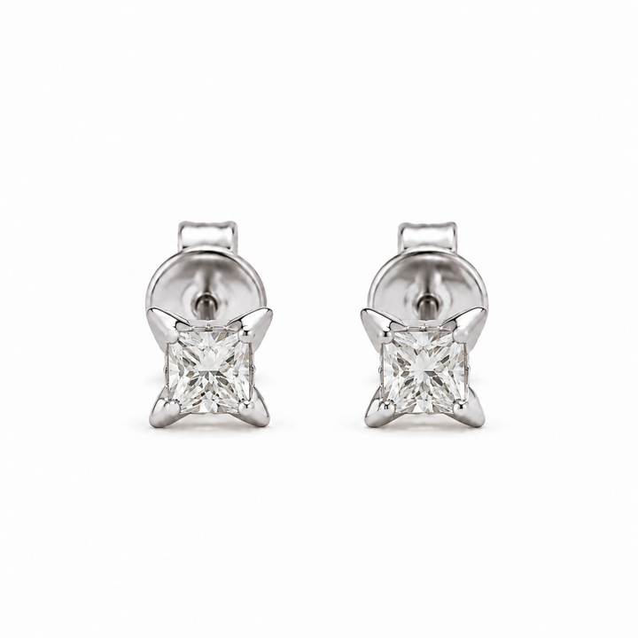 Princess-Cut Lab Diamond Flower Stud Earrings in 14K White Gold