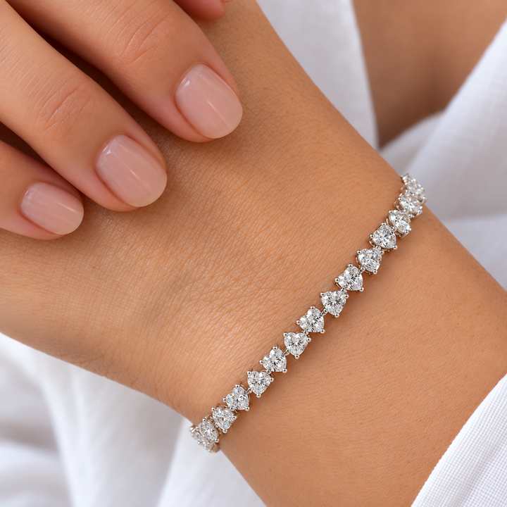 Heart Lab Diamond Tennis Bracelet worn on the wrist, shown true to size