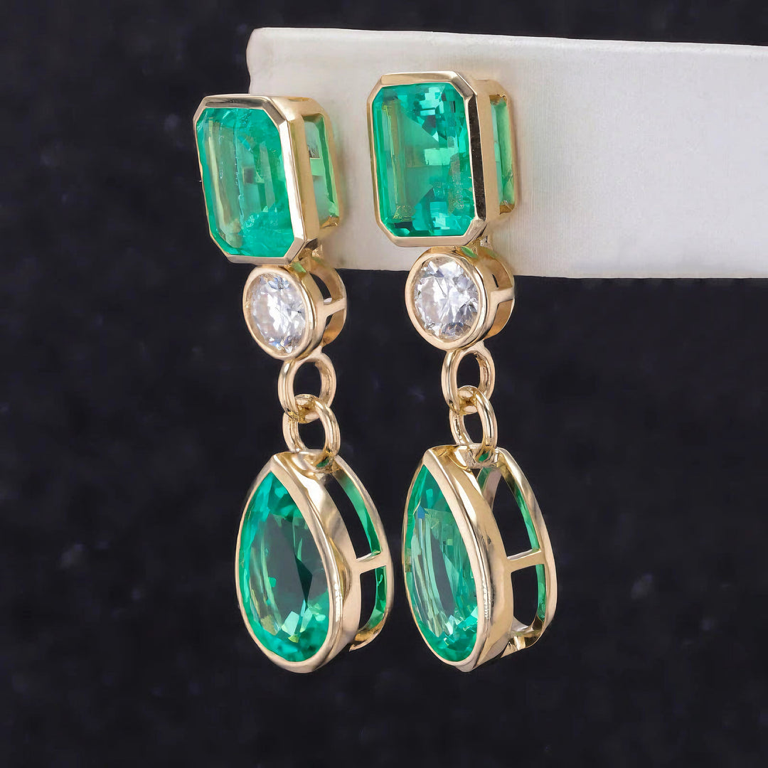 8x12mm Pear & 7x9mm Emerald Cut 4.90ctw Lab-Grown Colombian Emerald Bezel-Set Dangle Earrings with Diamond in 14K Yellow Gold
