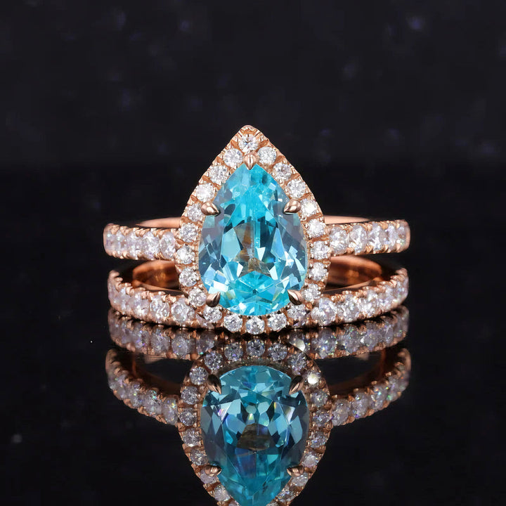 7x10mm Pear Cut Paraiba Diamond Halo/Half Eternity Ring with Staking Band in 18K Solid Rose Gold