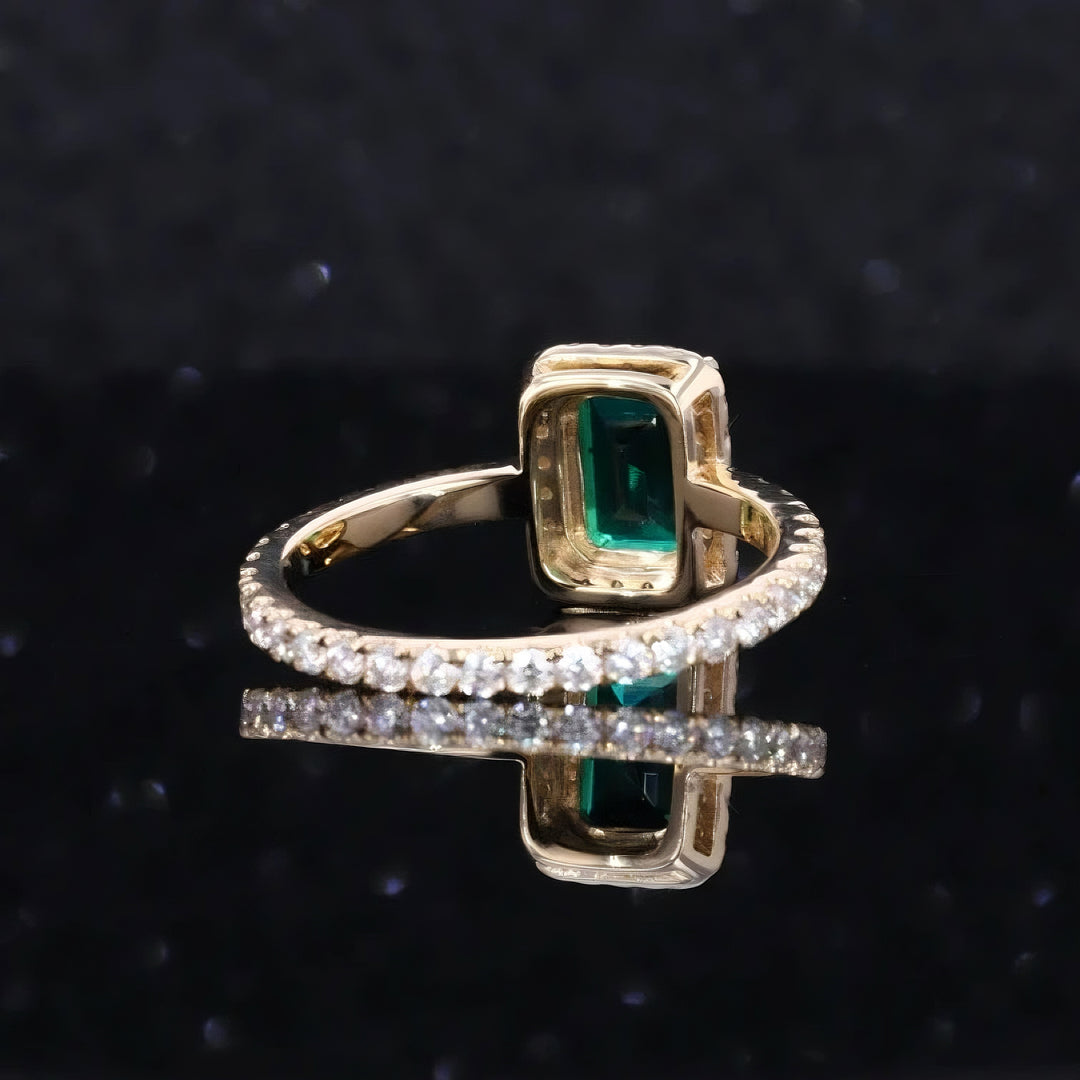 1.00ct Emerald-Cut Zambian Emerald Diamond Halo Eternity Ring in 14K Yellow Gold