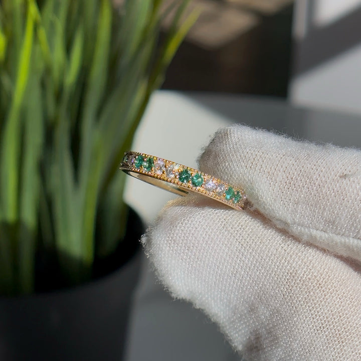 1.00ctw Lab-Grown Colombian Emerald/Diamond Eternity Band Ring in Yellow Gold