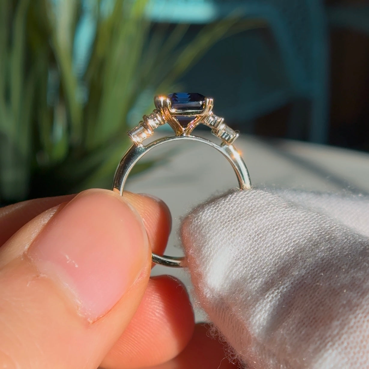 Customized™ 7x9mm, 4.27ct Emerald Cut Blue Sapphire Ring with Diamonds + Stacking Natural Sapphire Eternity Ring in 14K Solid Yellow Gold