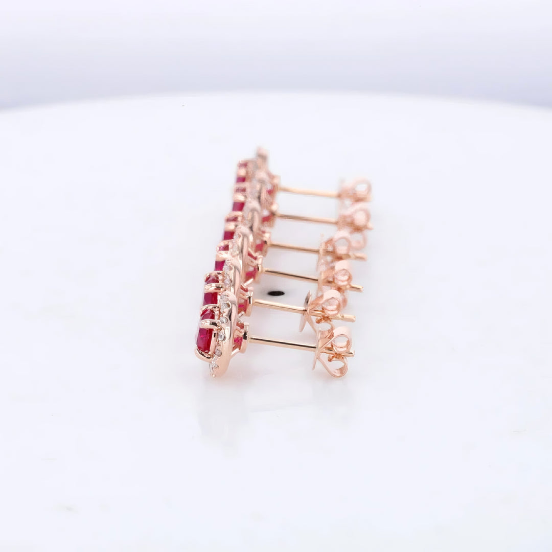 4.5mm, 0.50ct Each Round Lab-Grown Red Ruby with Diamond Halo Earrings in 14K Rose Gold