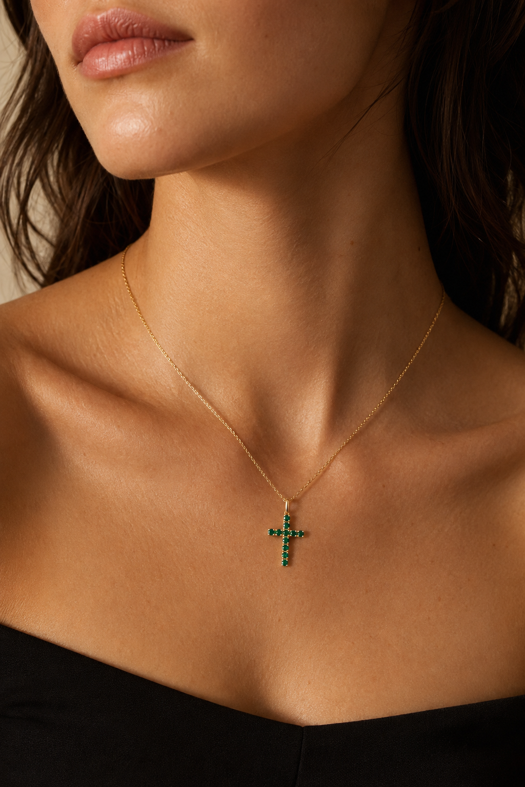 2mm, 0.80ctw Lab-Grown Colombian Emerald Cross Pendant Necklace