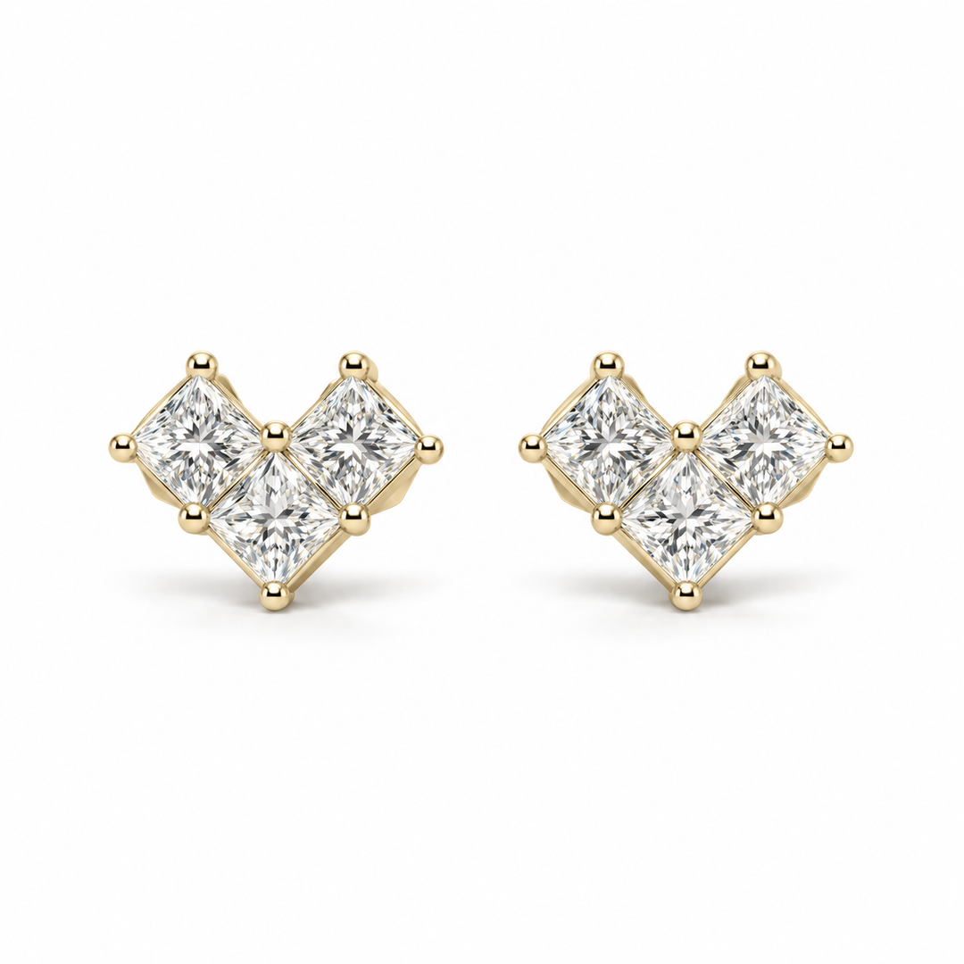 Princess-Cut Lab Diamond Heart Earrings in 14K Yellow Gold