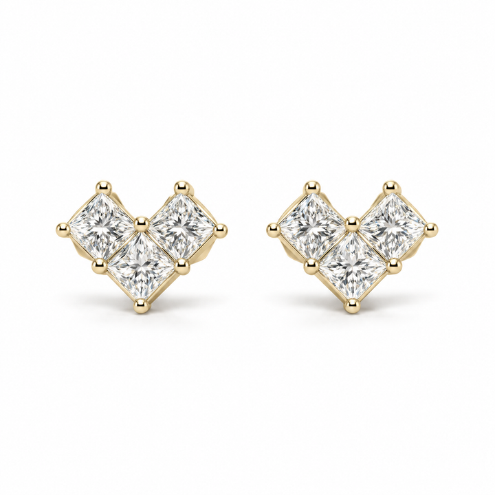 Princess-Cut Lab Diamond Heart Earrings in 14K Yellow Gold