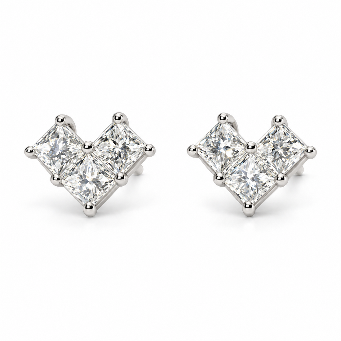 Princess-Cut Lab Diamond Heart Earrings in 14K White Gold