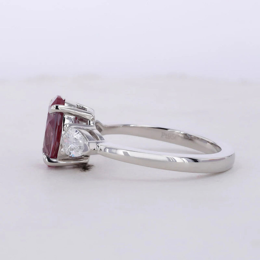 8*10mm Oval Cut Alexandrite with Pear Cut Diamond Three Stone Ring in Solid Platinum 950