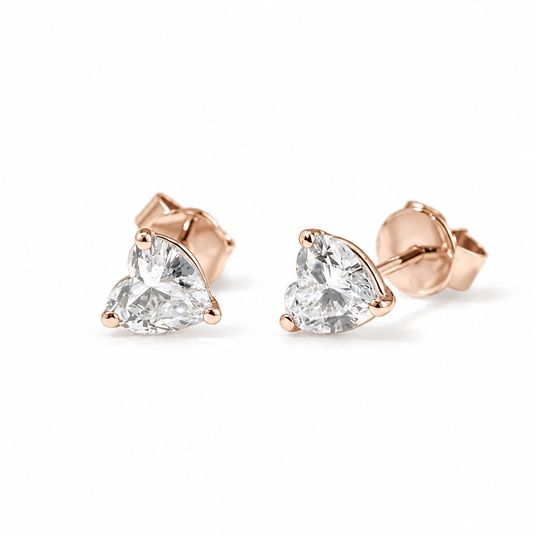 Three-Prong Heart Lab Diamond Stud Earrings in 14K Rose Gold