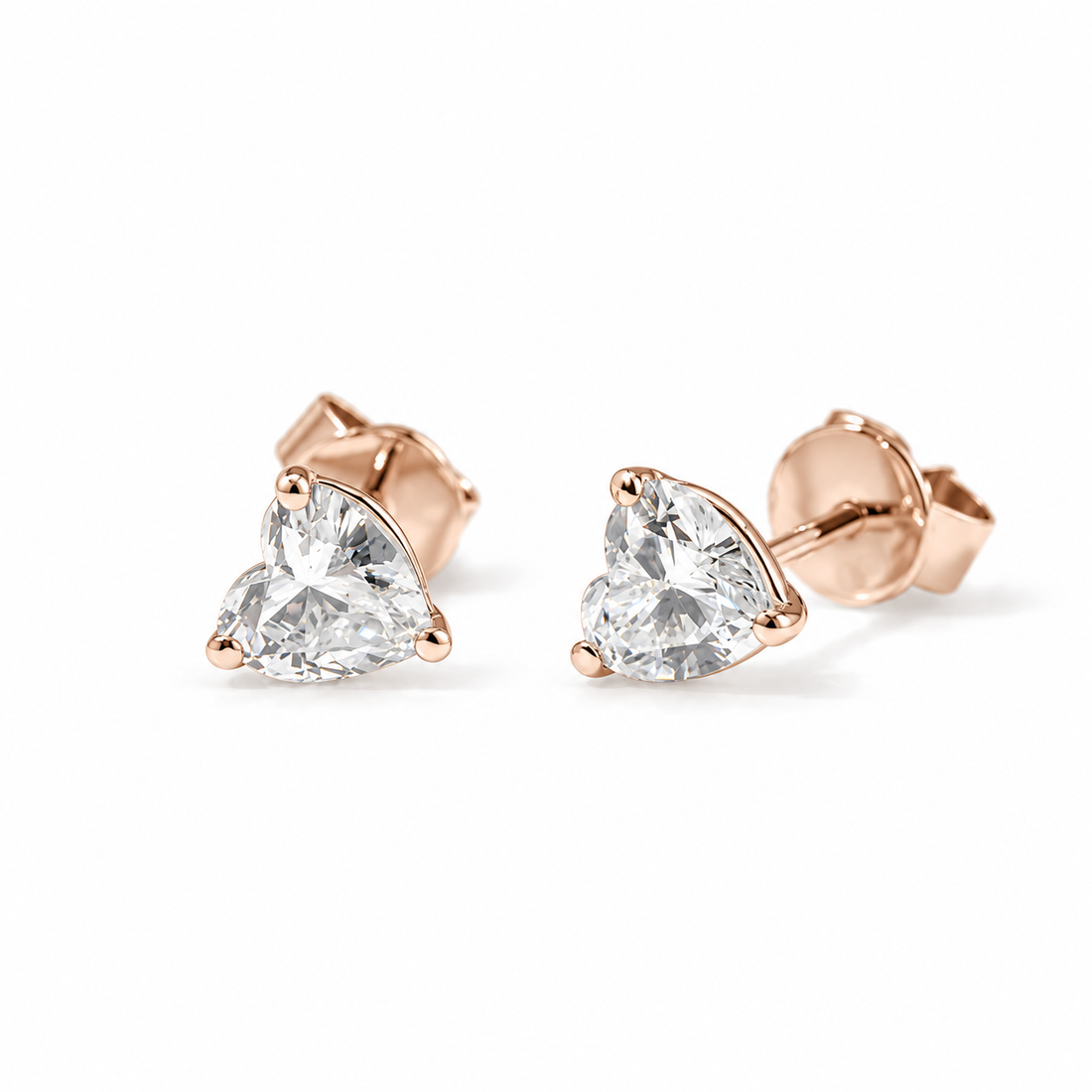 Three-Prong Heart Lab Diamond Stud Earrings in 14K Rose Gold