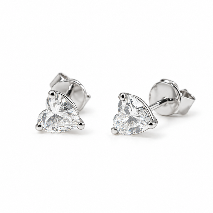Three-Prong Heart Lab Diamond Stud Earrings in 14K White Gold