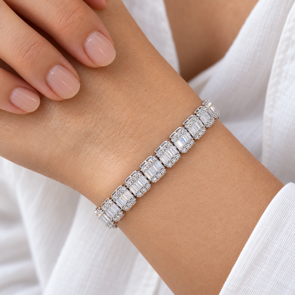 Baguette & Round Lab Diamond Bracelet, 11ctw (7mm) worn on the wrist, shown true to size