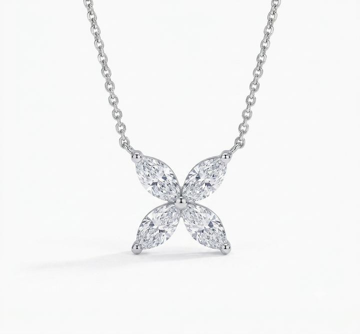 12mm, 0.9ct Marquise Cut Lab Diamond 4-Petal Flower Pendant Necklace in 14K Solid White Gold