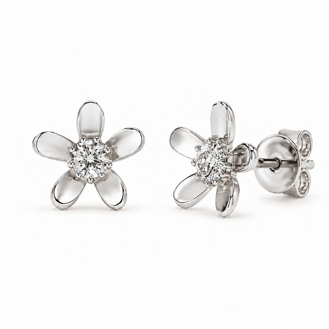 Gold Petal Lab Diamond Flower Earrings in 14K White Gold